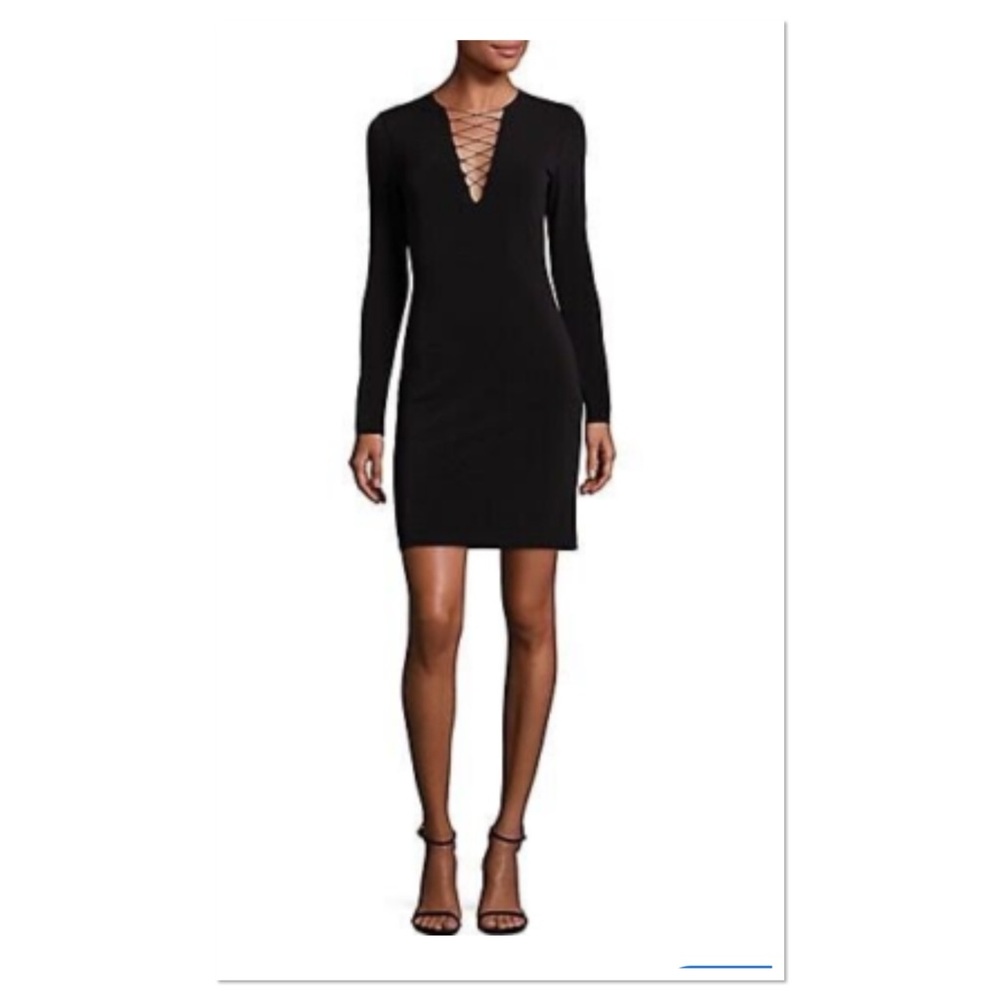 Alice and Olivia Black Lace-Up V-Neck Bodycon Dress Sz 0 Polyester Blend